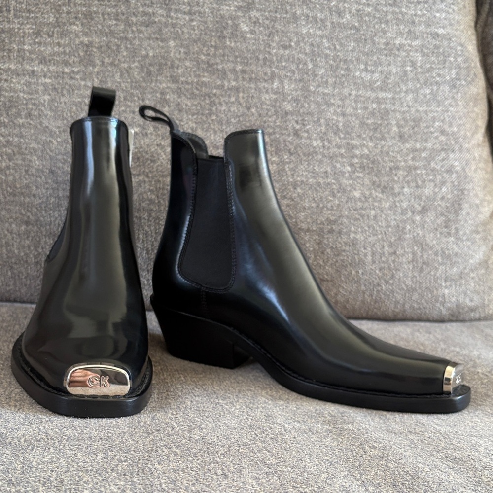 Calvin Klein Black Leather Boots with Silver Accents